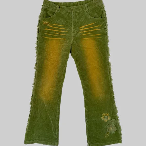 Vintage Y2K Flare pants Wanita green yellow photo 1