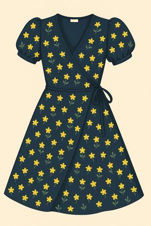 Fairy Coquette Wrap Dress Wanita Yellow Navy