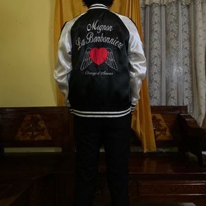 Japanese Brand Vintage Casual Bomber Jacket Wanita White Black