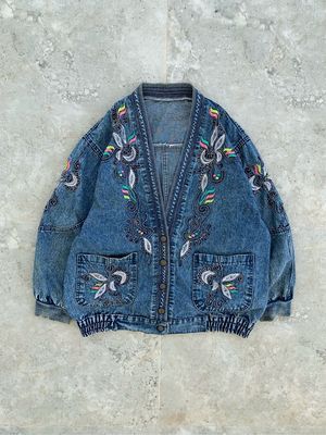 Vintage Blue Denim Floral Pattern Cardigan