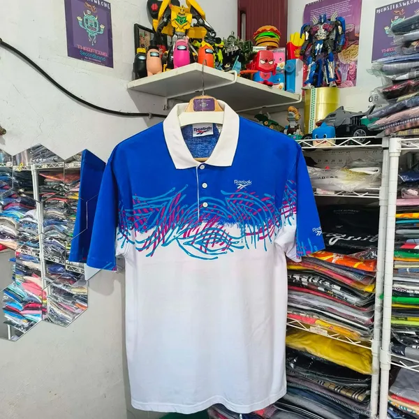Reebok Vintage Streetwear Polo shirt Pria white blue photo 1