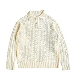Basic cable pattern knitted ls polo sweater cream ivory knit