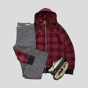 Vintage y2k double zipper hoodie wisdom plaid red black