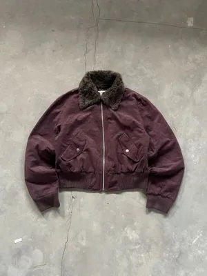 Y2k Grunge Emo Fur Neck Bomber Suede Brown Maroon Japan