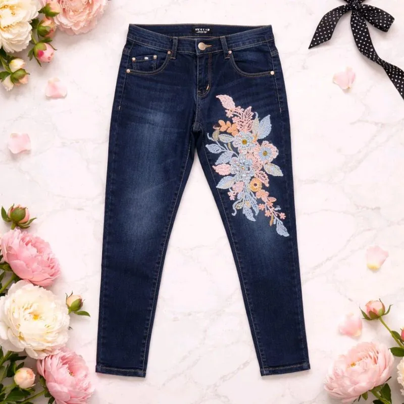 PRELOVED DENIM BLUE JEANS TROUSERS WITH FLOWER ONE SIZE photo 1