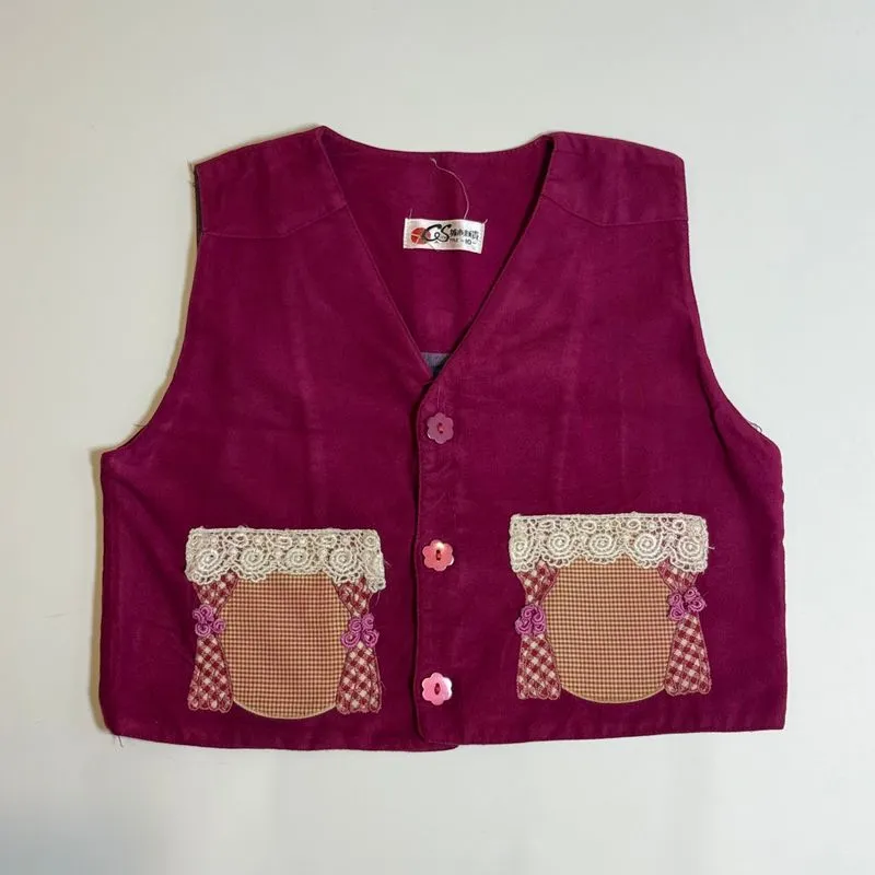 Vintage Cottage Embroidery Magenta Suede Baby Tee Vest photo 1