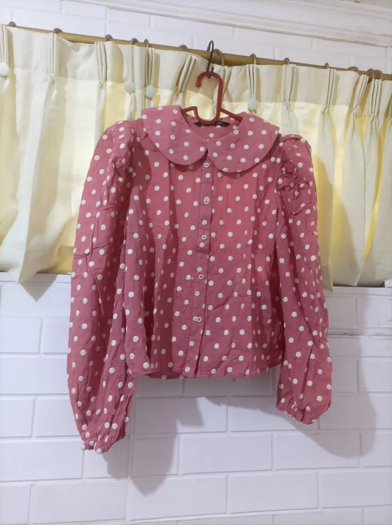 Zara Women's Polka Dot Button-Up Shirt | size L | Pink photo 1