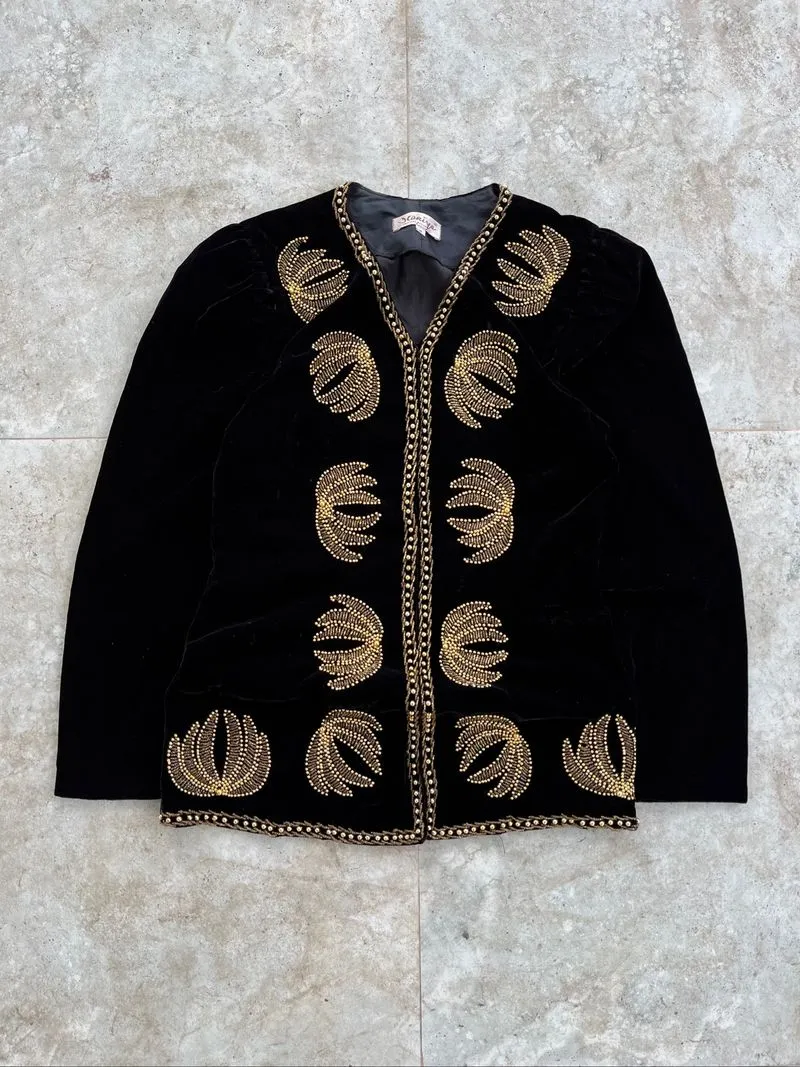 Black Velvet Leaf Gold Beaded Cardigan photo 1