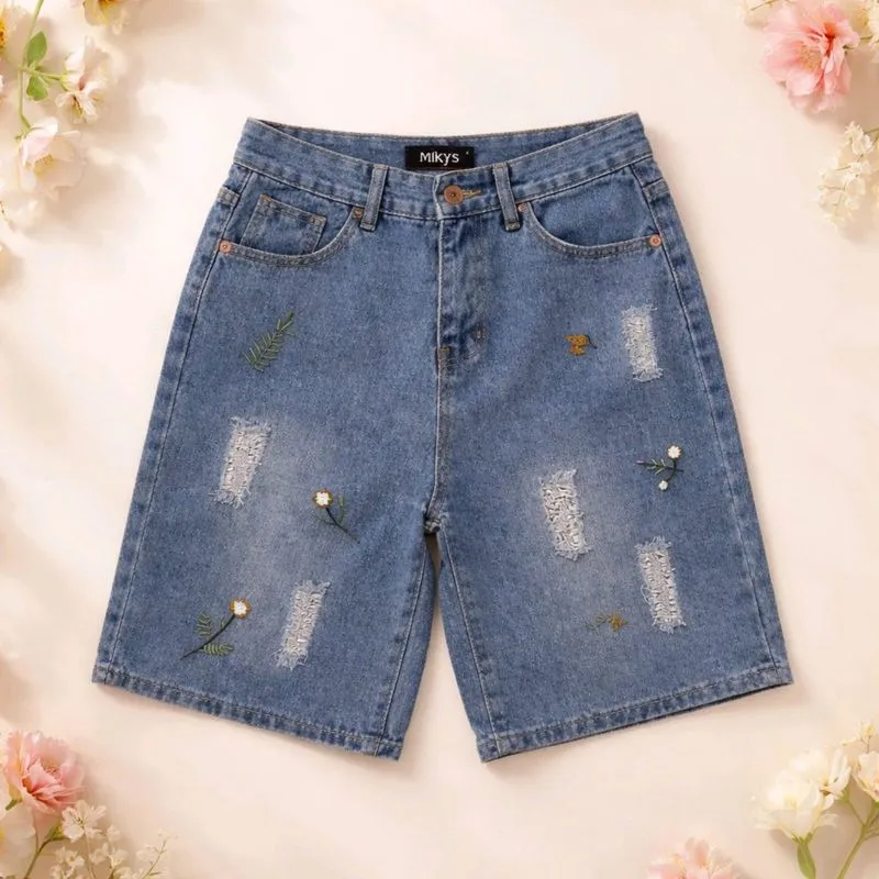 MKY CLOTHING BLUE DENIM JEANS SHORT PANTS WITH FLOWER SIZE M photo 1