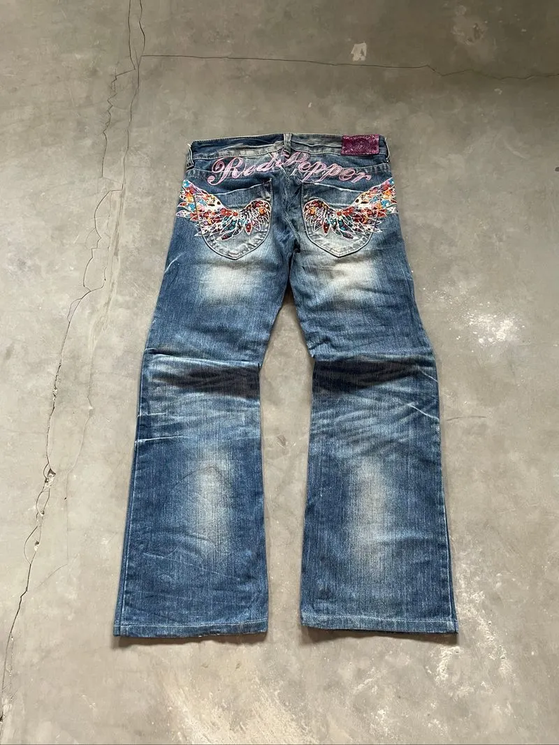 Red Pepper Flare Jeans Boot Cut Jeans Washed Pants Bordir  photo 1
