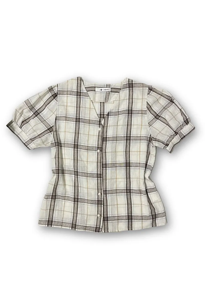 Blouse V-Neck Plaid Vintage Cream & Earth Tone photo 1