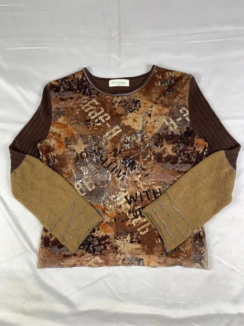 C'est moijeu Brown Flare Sleeve Knitted Mesh Top (M) photo 1
