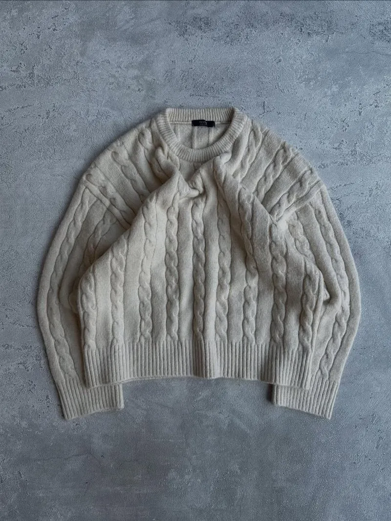 Yellow knitwear textured cable basic sweater photo 1