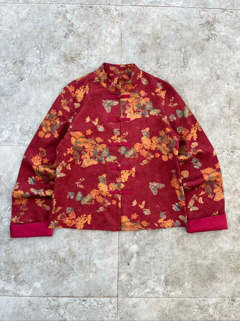 Red Floral Print Cheongsam Long Sleeve Shirt photo 1