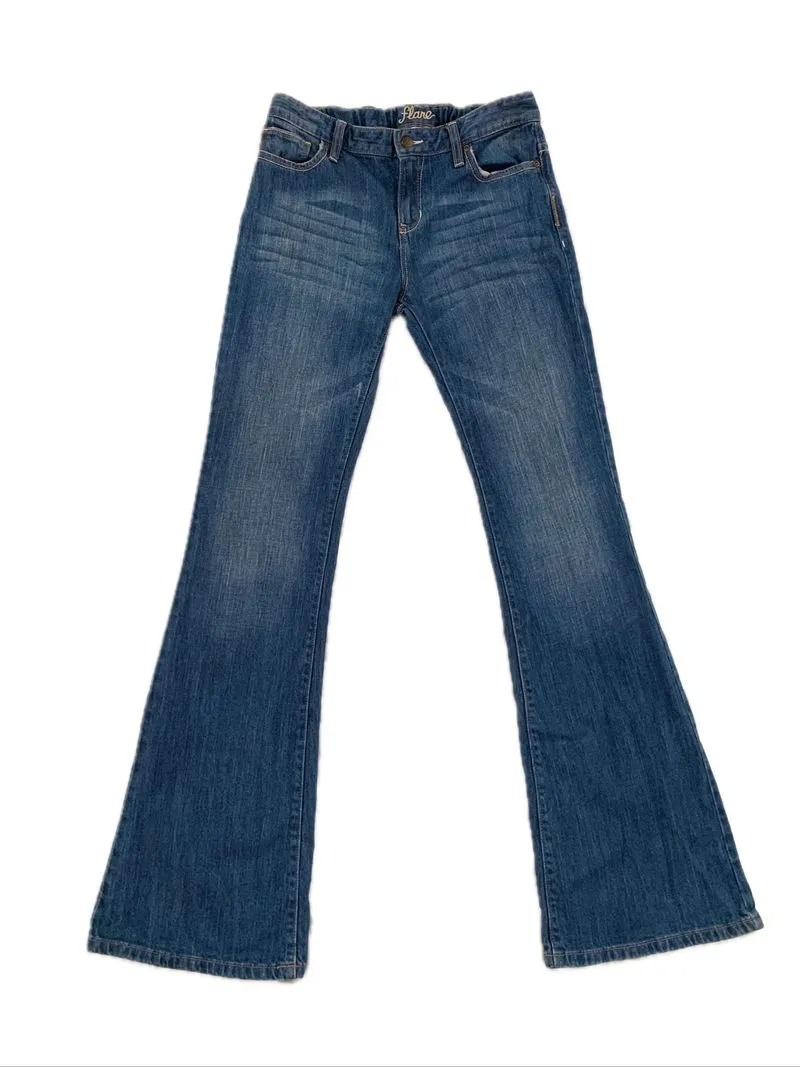 medium blue mid rise slim fit flare jeans - y2k vintage photo 1