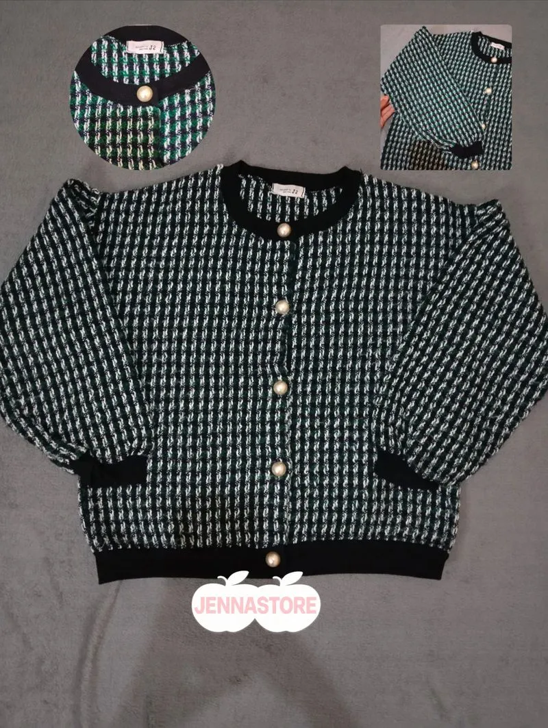 Cardigan tweed hitam mix hijau lengan balon puffy photo 1