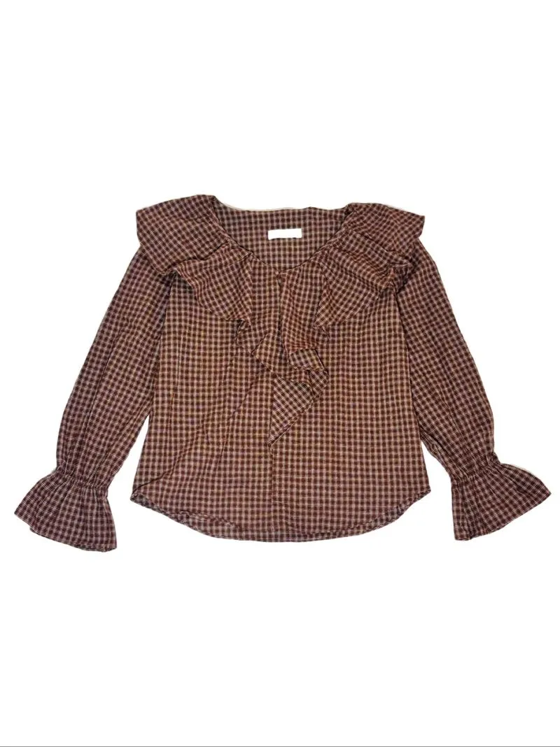 blouse top long sleeve brown plaid / kotak / korean style photo 1