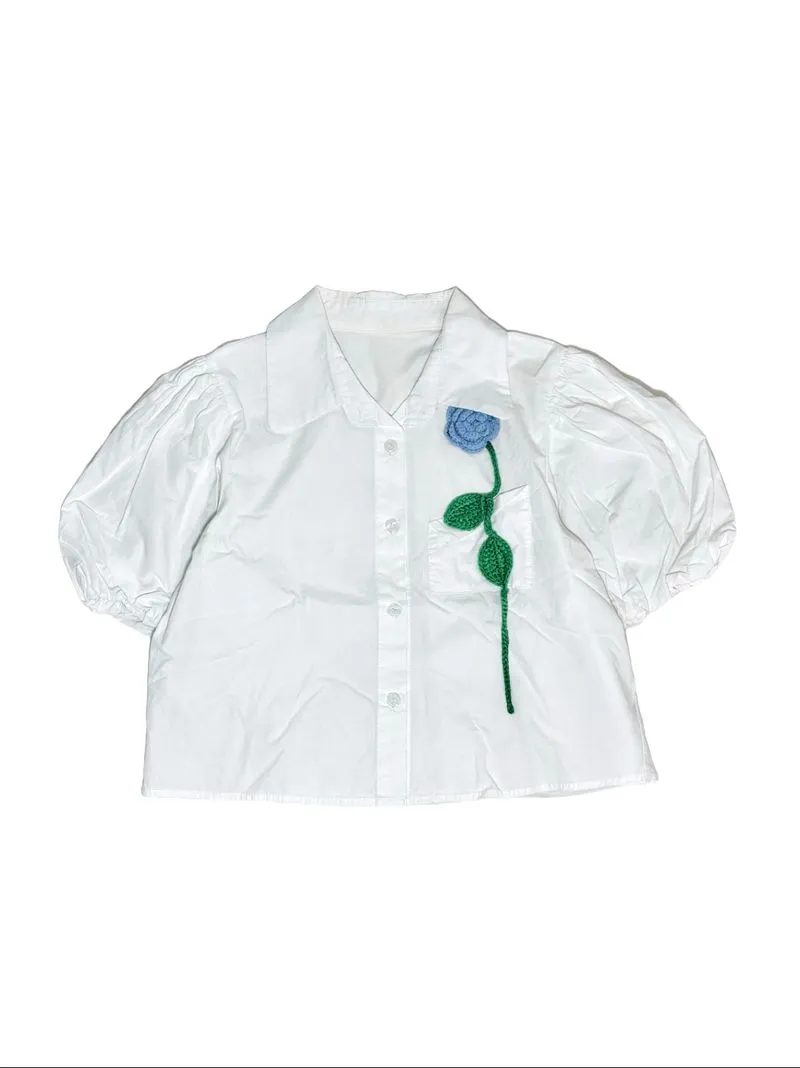 blouse short sleeve flower white balloon sleeve korean style photo 1