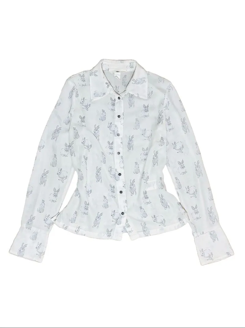 H&M kemeja button up bunny pattern white coquette photo 1
