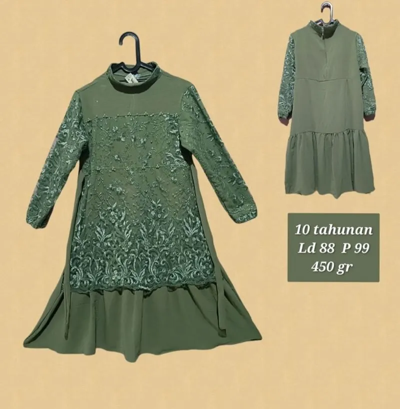 New gamis dress brokat hijau anak perempuan remaja photo 1