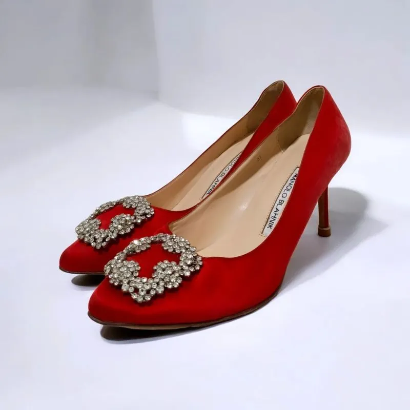 Manolo Blahnik Hangisi 90 Satin Pumps With Jewelry Red Heels photo 1