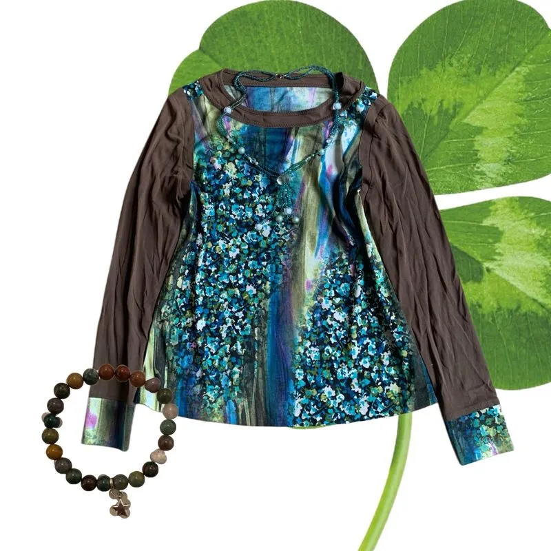 Y2k brown blue floral top photo 1