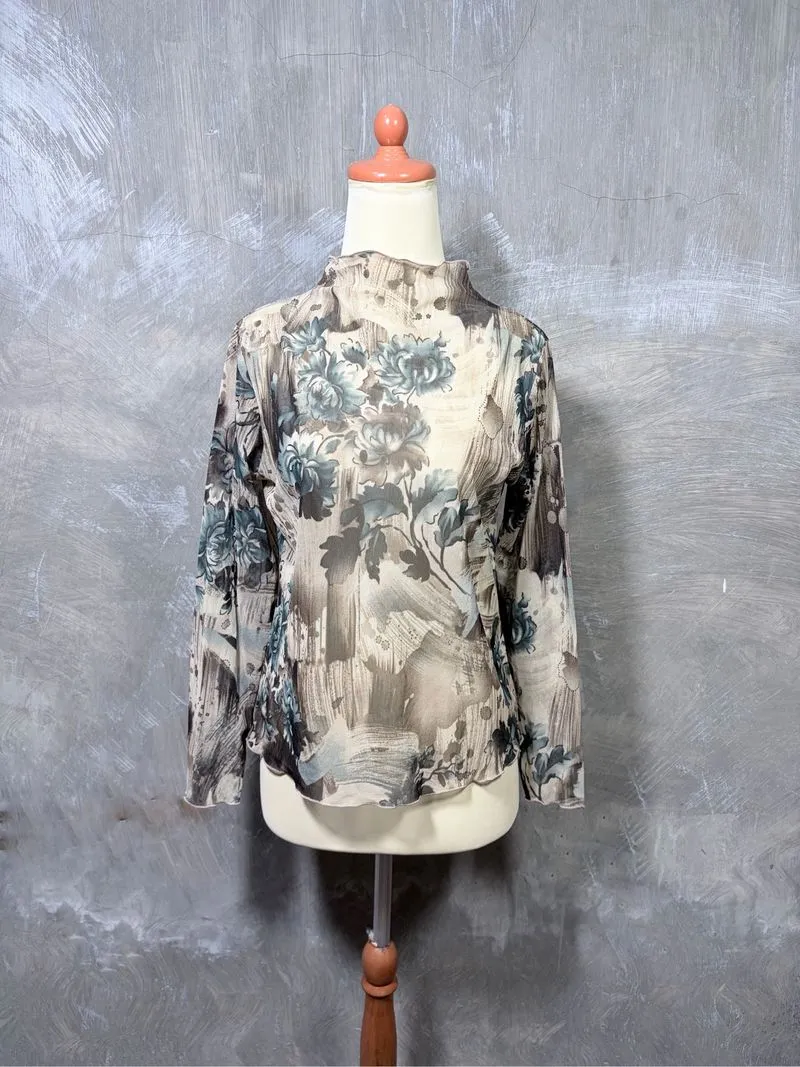 Y2K Unknown Japanese Flower Pattern Mesh Tops photo 1