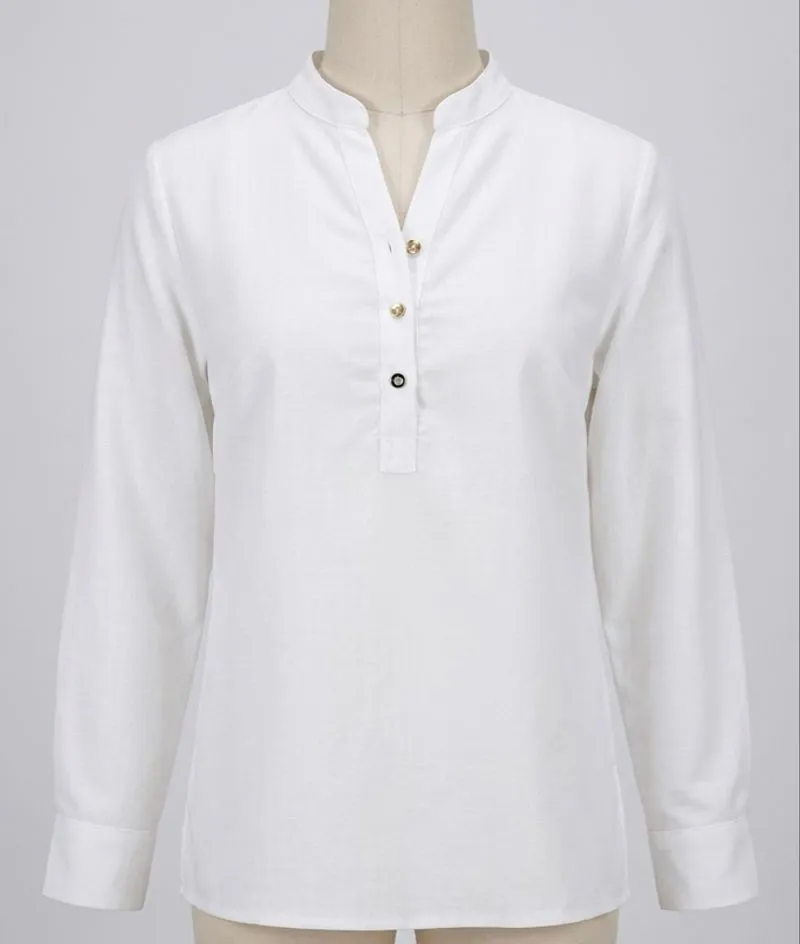 St. Yves white V-neck blouse with a mandarin collar and gold photo 1