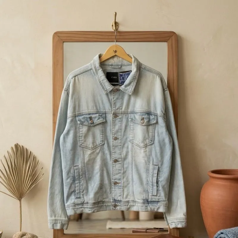 Zara Man Blue Washed Ripped Denim Type III Trucker Jacket photo 1