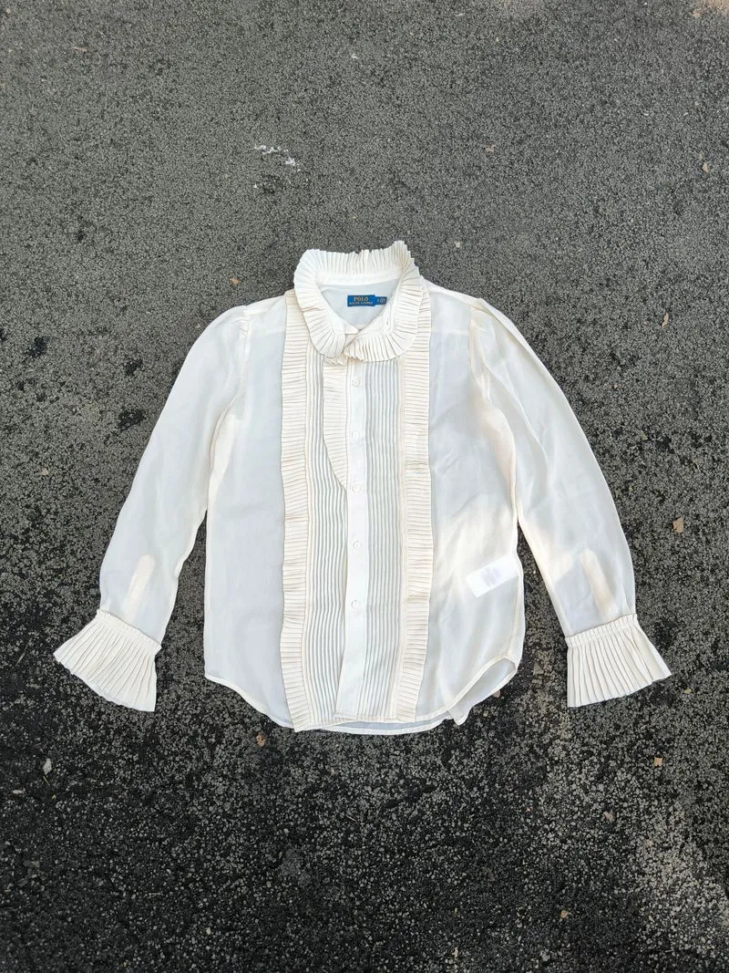 Victorian Style Pleated Bib Button-Up Shirt with Ruffled Col photo 1