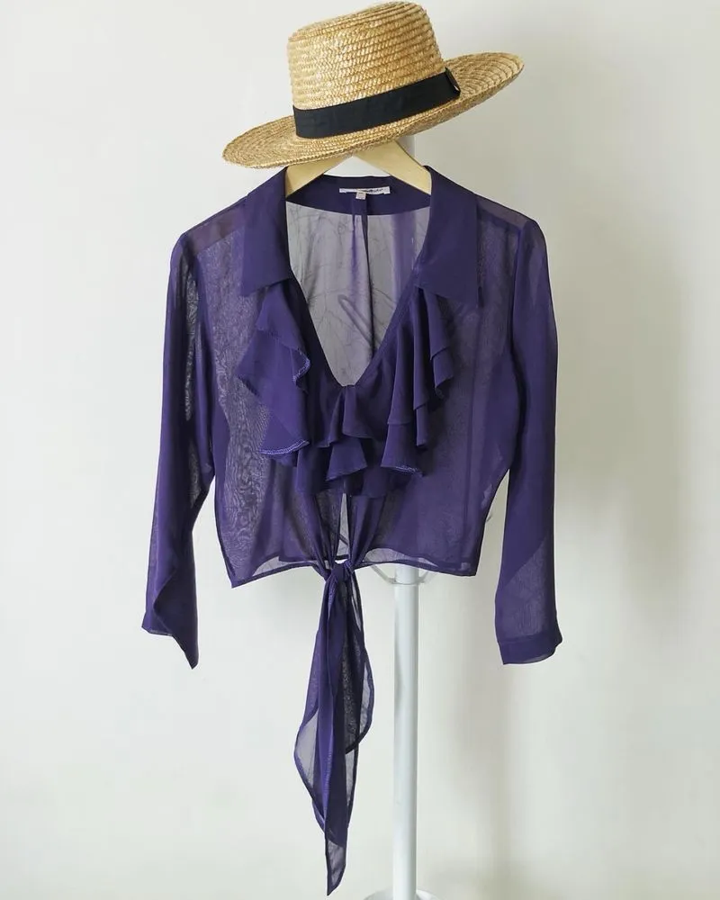 Miss Selfridge purple ruffle sheer crop top photo 1