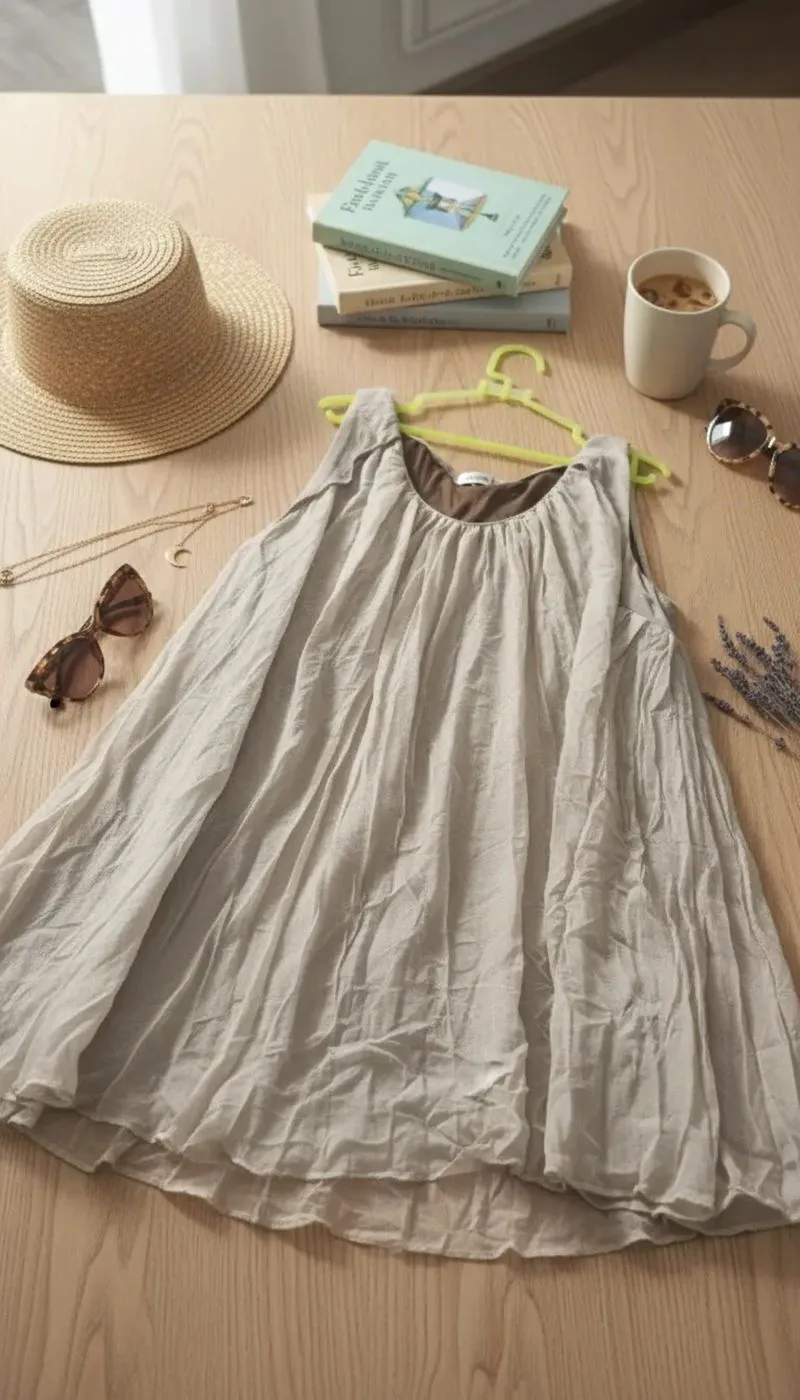 Dress Linen Halus Tanpa Lengan - Warna Abu Muda Natur photo 1