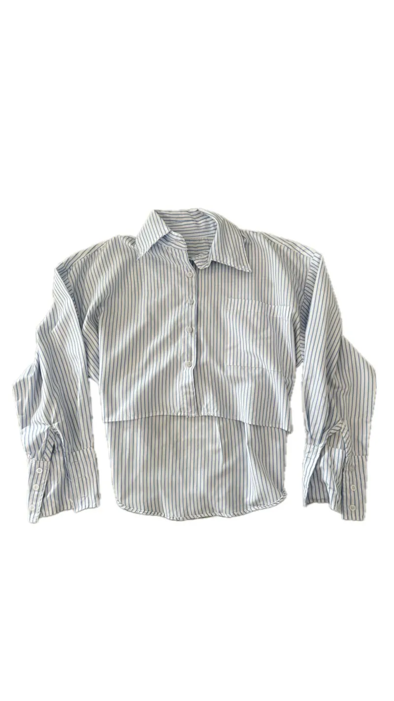 atasan kemeja wanita semi crop stripe putih biru photo 1