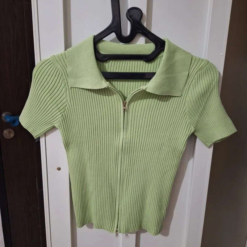Green Ribbed Zip Polo Slim Fit photo 1