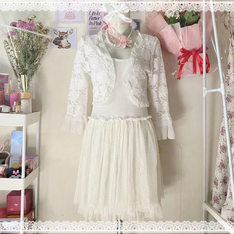One Set White Tutu Dress and Lace Rose Cardigan photo 1