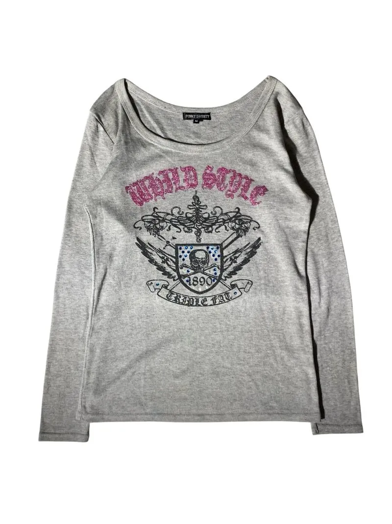 Pink sweet poem skull graphic long sleeve t shirt  photo 1