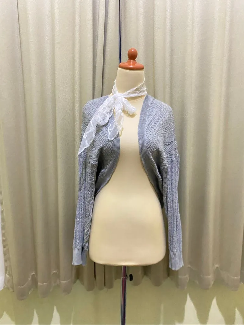 Cropped Pointelle Knit Grey Cardigan photo 1