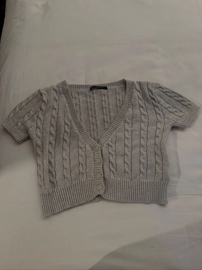 NEW light heather grey cropped short sleeve v-neck cardigan photo 1