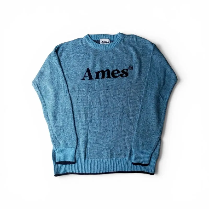 Ames Logo Knitwear Oversize Soft Blue Sweater Casual Fit photo 1