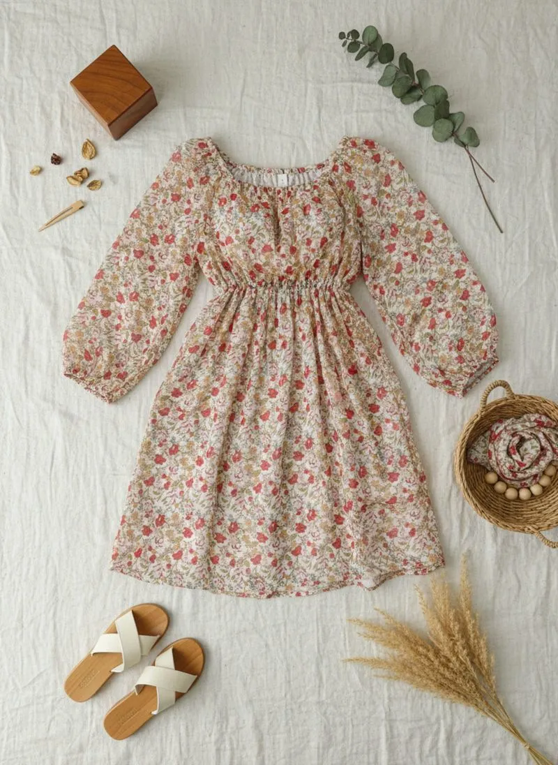 Dress Floral Korea Wanita - Mini Dress Bunga Lengan Balon photo 1