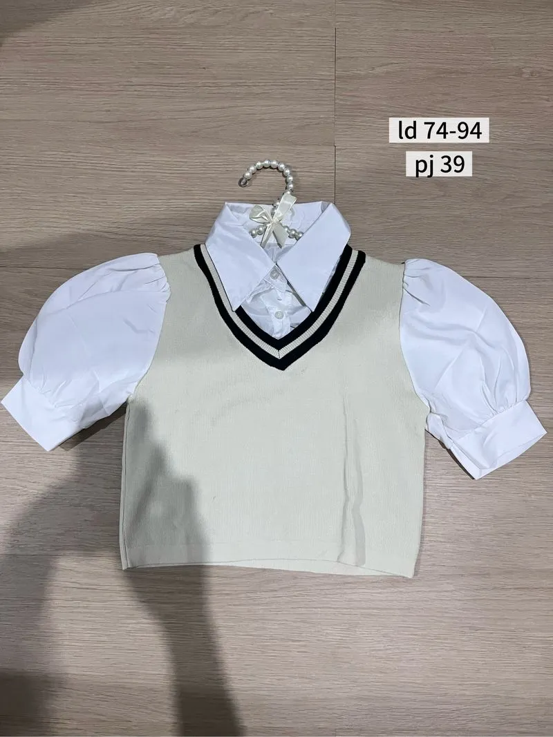 Korean Style Vest Top Knit Vest & Shirt Puff Sleeve Cream photo 1