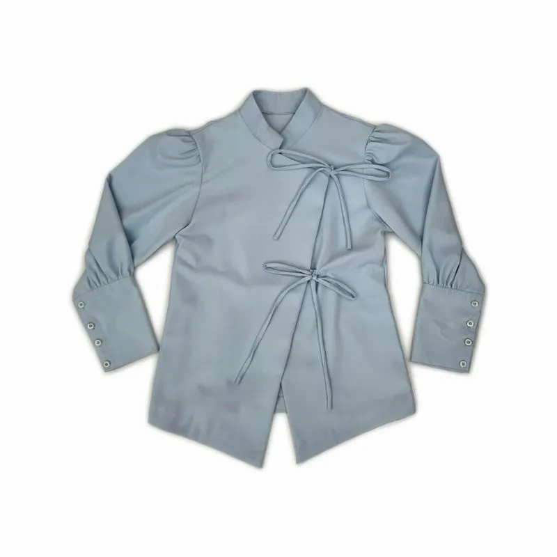 Modern Oriental Dusty Blue Blouse | Puff Sleeve Mandarin Col photo 1