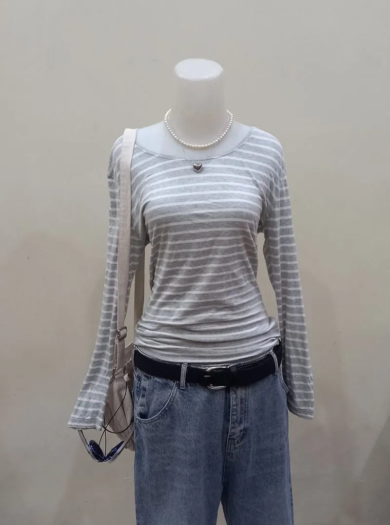 GREY WHITE STRIPED LONG TEE photo 1