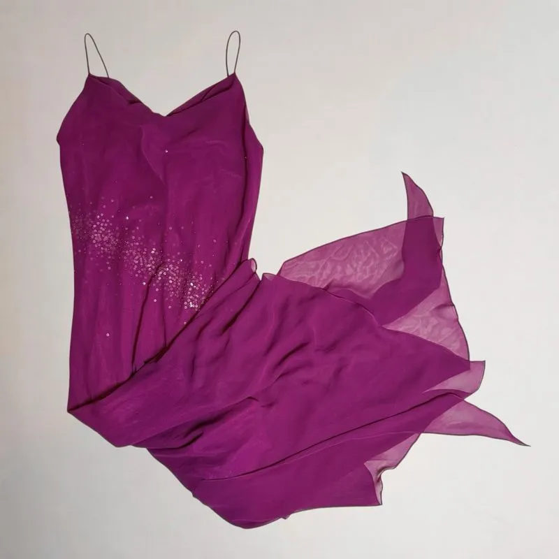 Magenta Sequins Cowl Neck Asymmetrical Flowy Fairy Y2k Dress photo 1