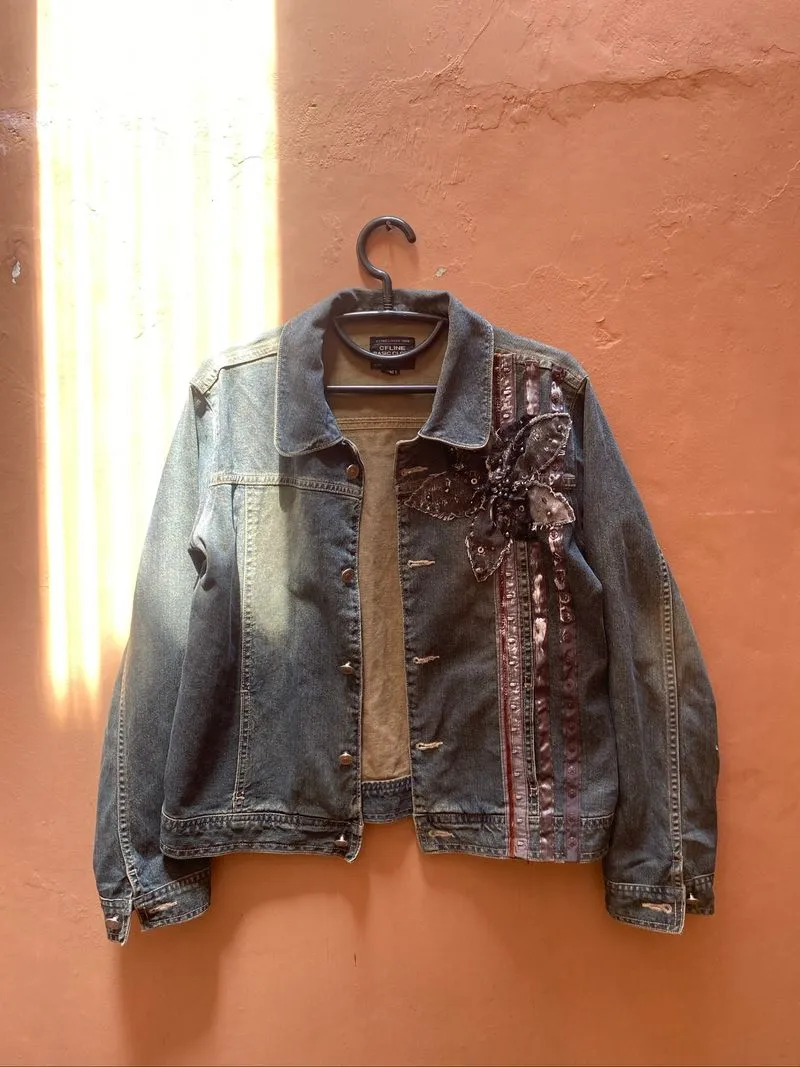jacket jeans retro black flower handmade photo 1