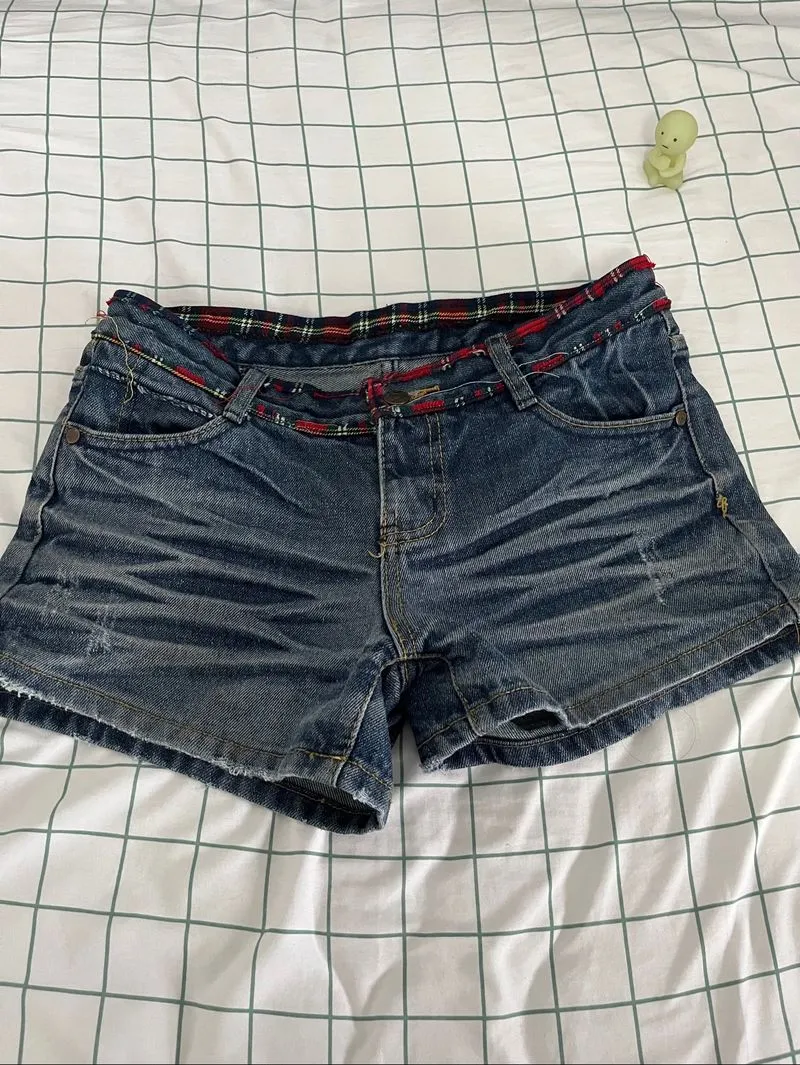 y2k star embroidered denim micro shorts w/ plaid lining 🌟 photo 1