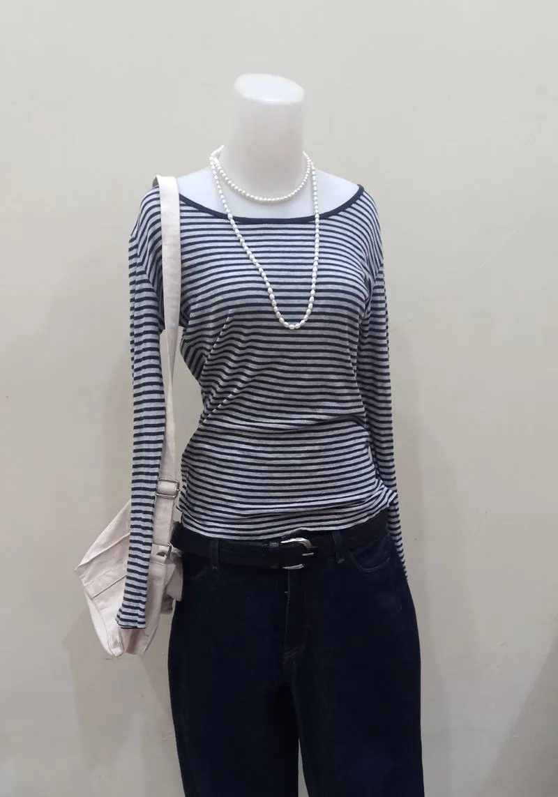 VINTAGE GREY BLCK STRIPED LONG TEE photo 1