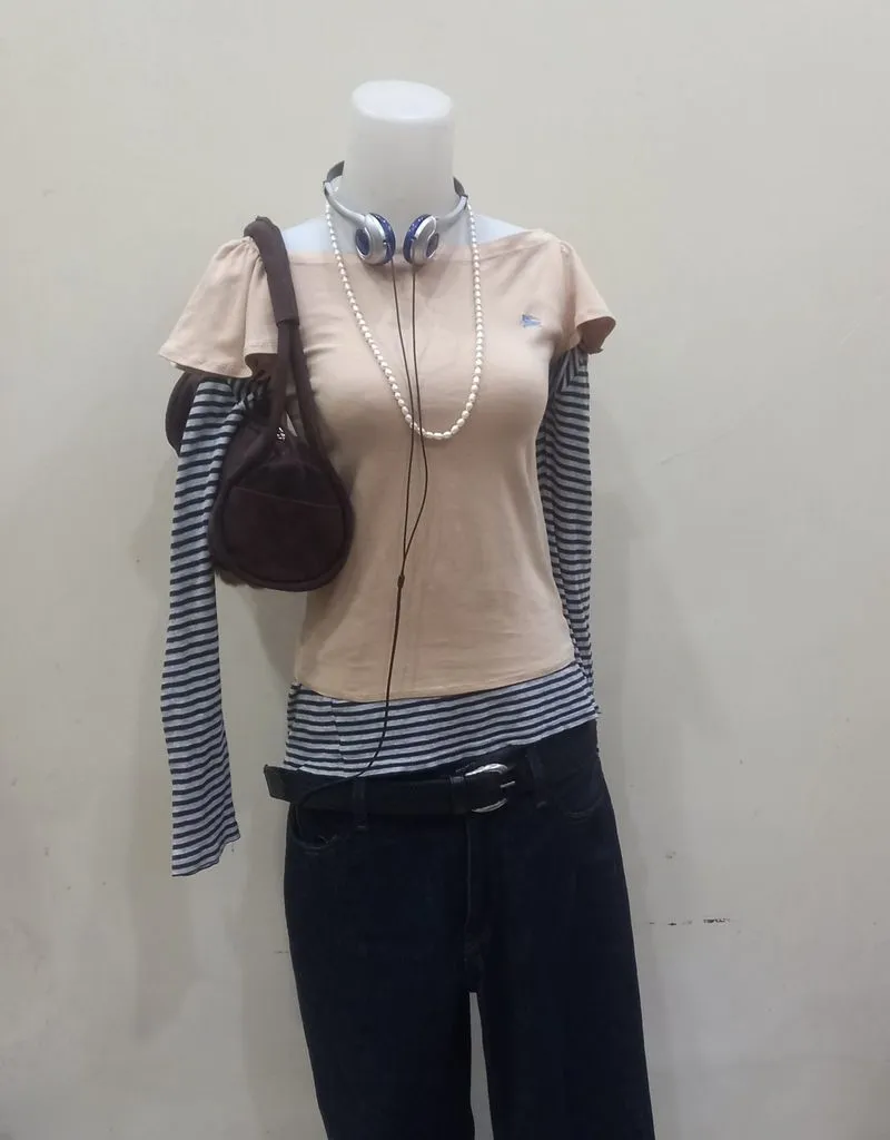 BURBERRY BLUE LABEL NOVA CHECK BEIGE FLUTTER SLEEVE TEE photo 1