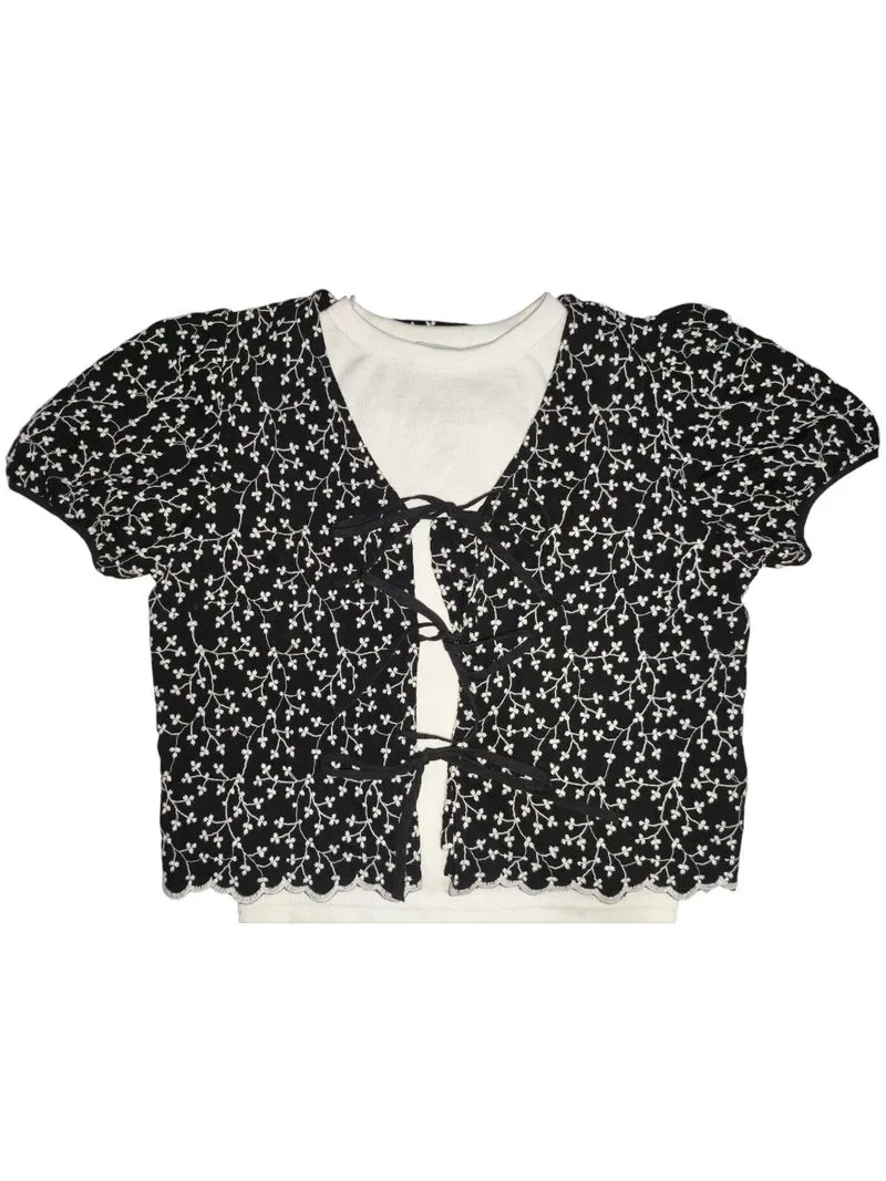 Embroidered floral cropped tie-front blouse puff sleeves photo 1