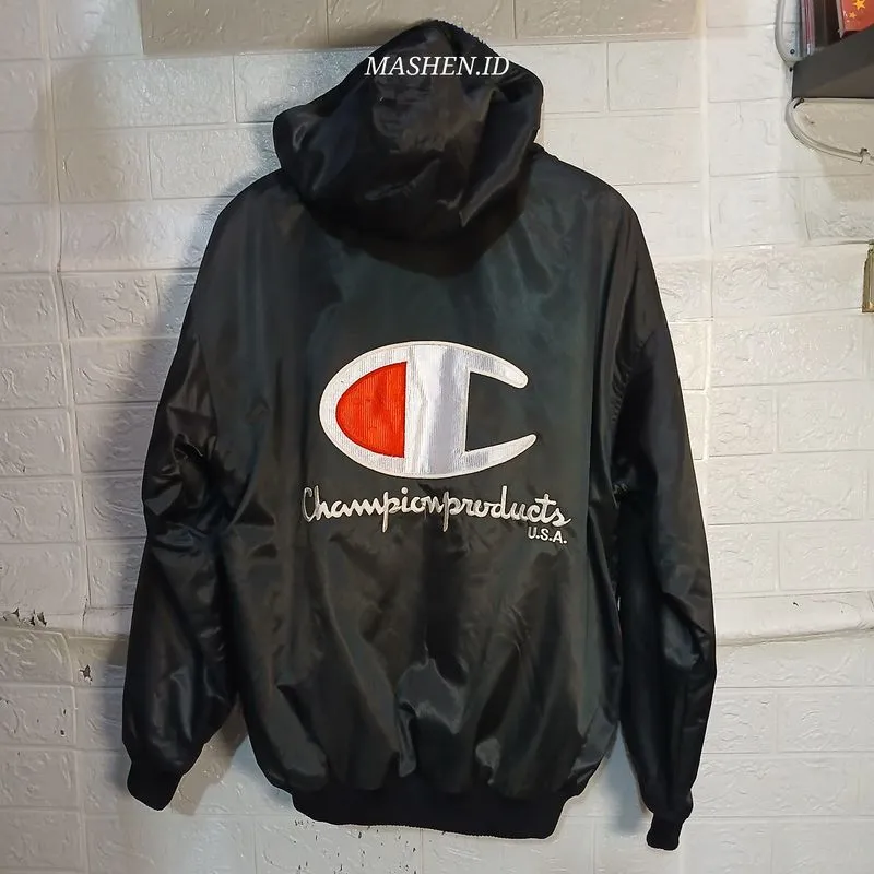 Jaket Hoodie Sherpa Champion Big Logo Bordir Black Size L photo 1